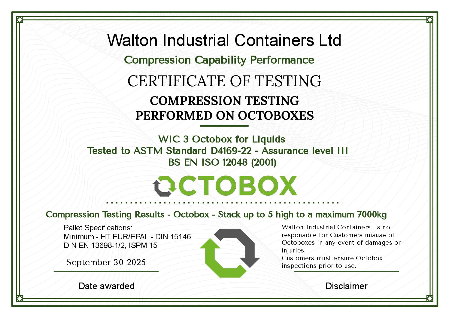 Octobox compression testing and certification – ASTM D4169-22 & ISO 12048 results